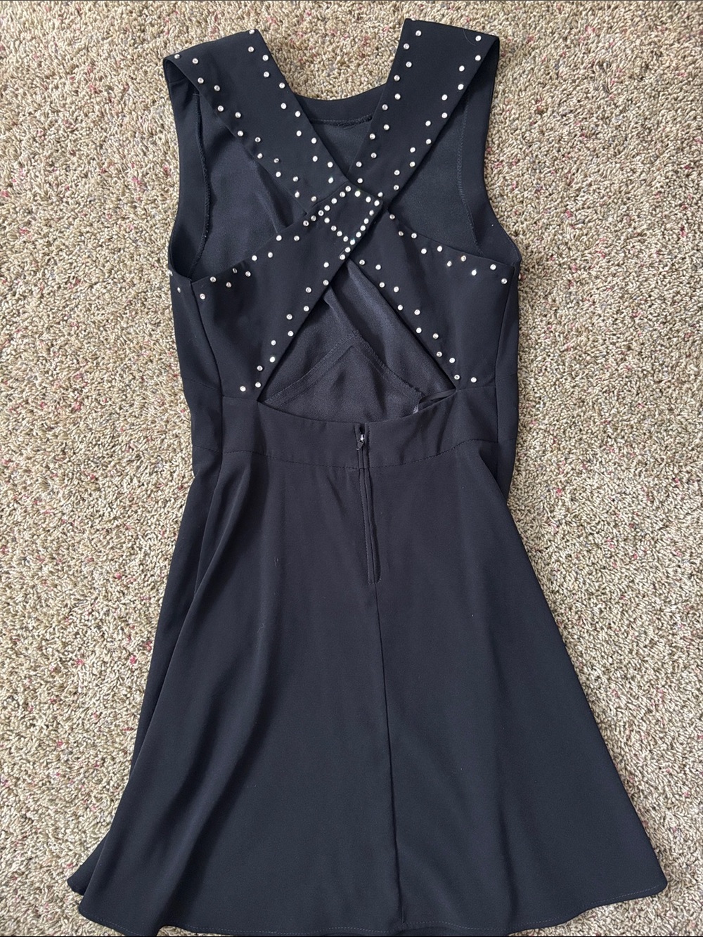 Vintage 90s Tadashi Shoji Studded Open Criss Cross Back Skater Cocktail Dress 8